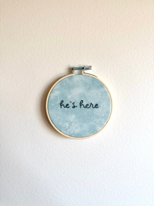 Blue Watercolour "He's Here" Embroidered Announcement
