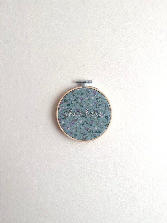 Blue Floral "She's Here" Embroidered Announcement