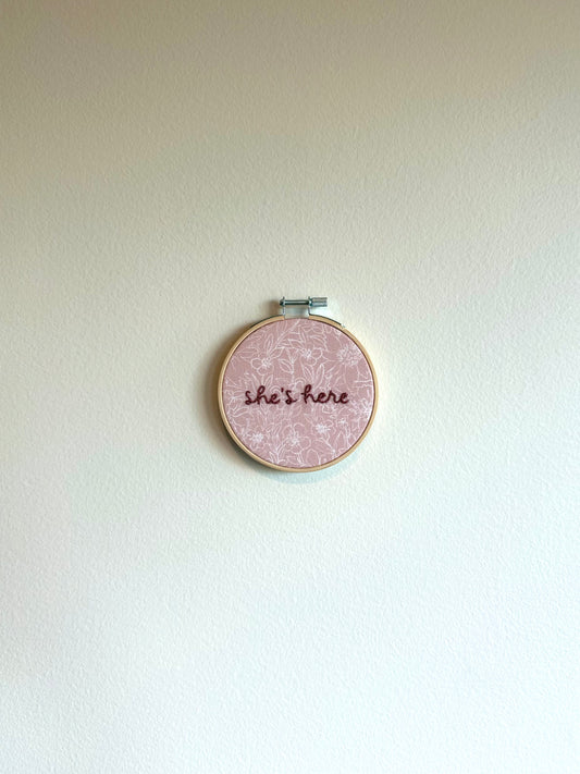 Pink Floral "She's Here" Embroidered Announcement