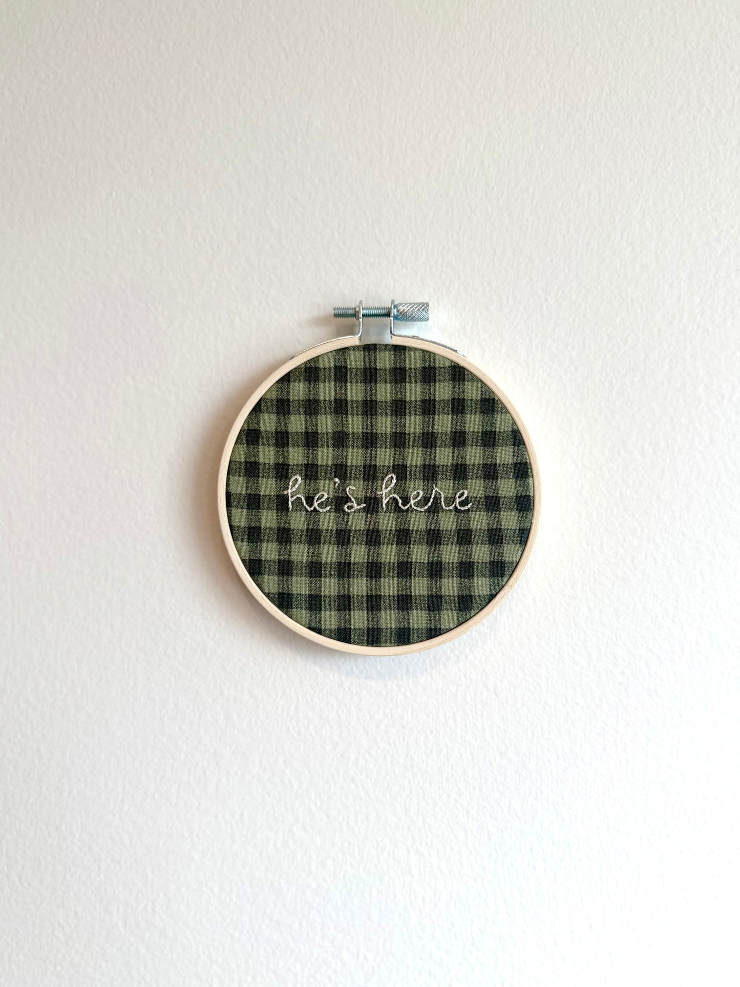 Green Check "He's Here" Embroidered Announcement