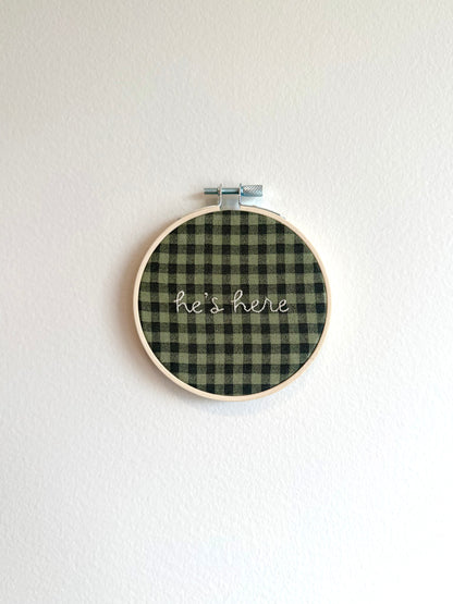 Green Check "He's Here" Embroidered Announcement