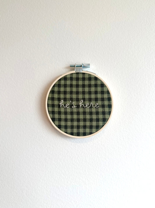 Green Check "He's Here" Embroidered Announcement