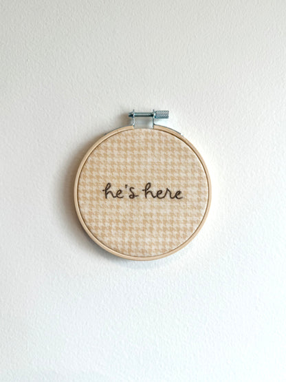 Beige Houndstooth "He's Here" Embroidered Announcement