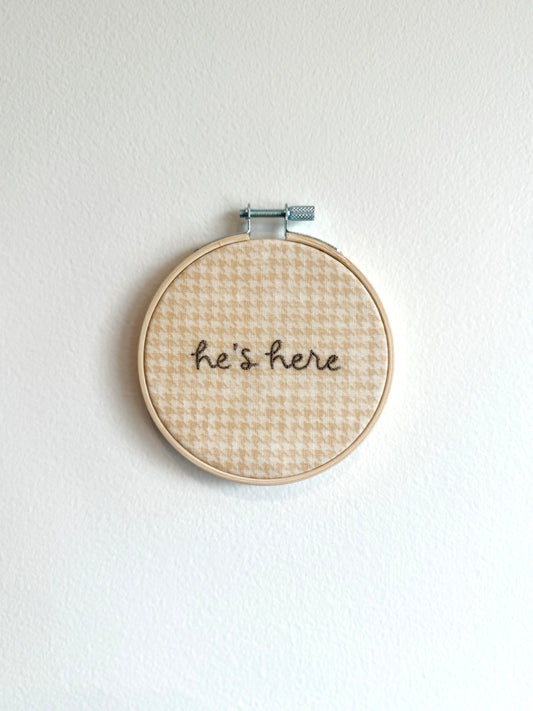 Beige Houndstooth "He's Here" Embroidered Announcement